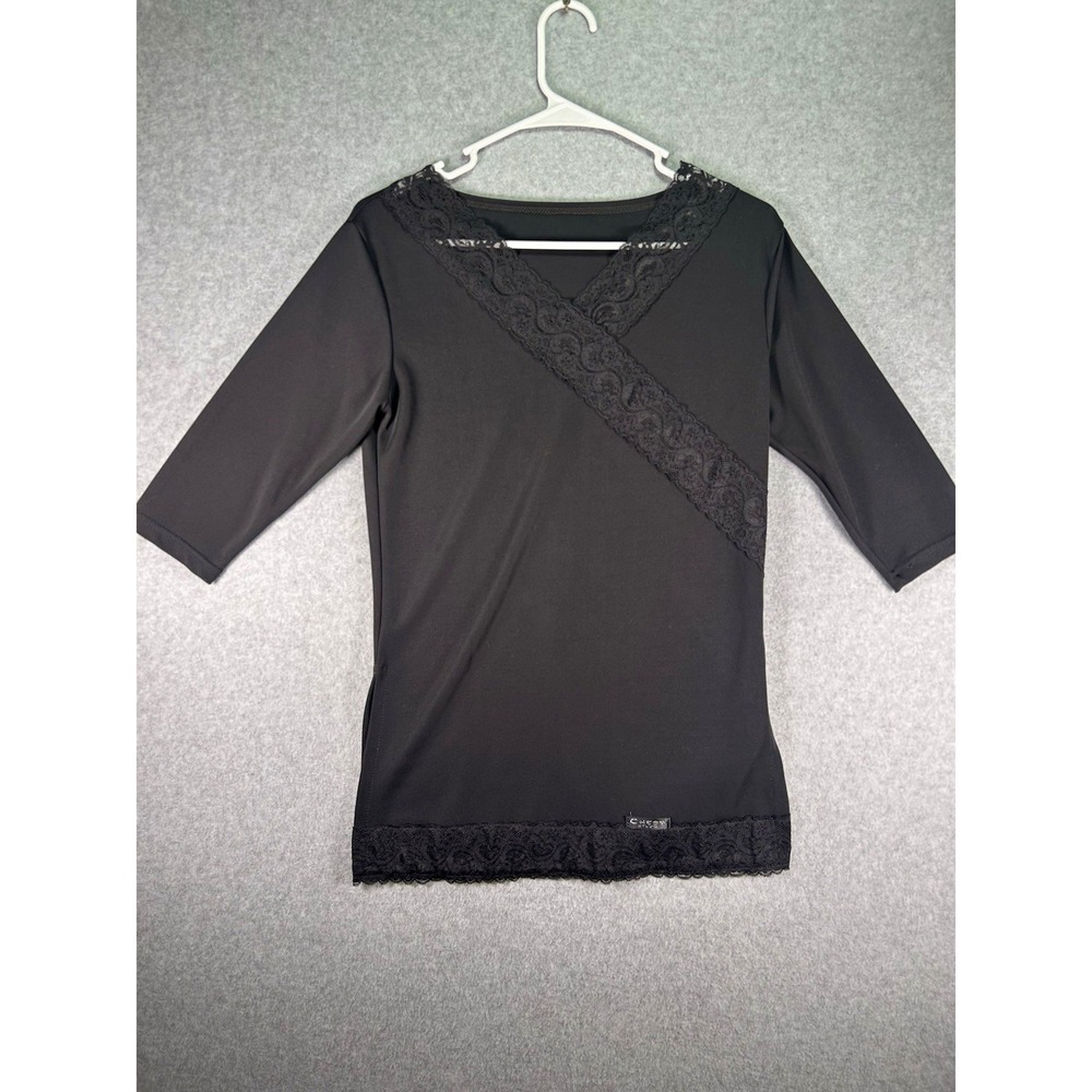 Chase Studio Blouse Top Women's M Black Solid Lace Trim V-Neck 3/4 Sleeve